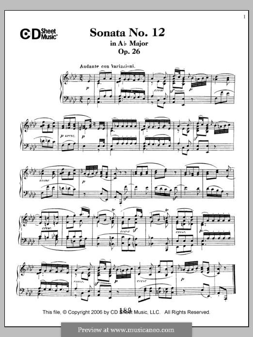 Sonata for Piano No.12 in A Flat Major, Op.26: For a single performer by Ludwig van Beethoven