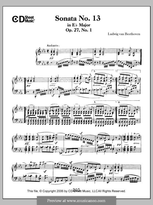 Sonata for Piano No.13, Op.27 No.1: For a single performer by Ludwig van Beethoven