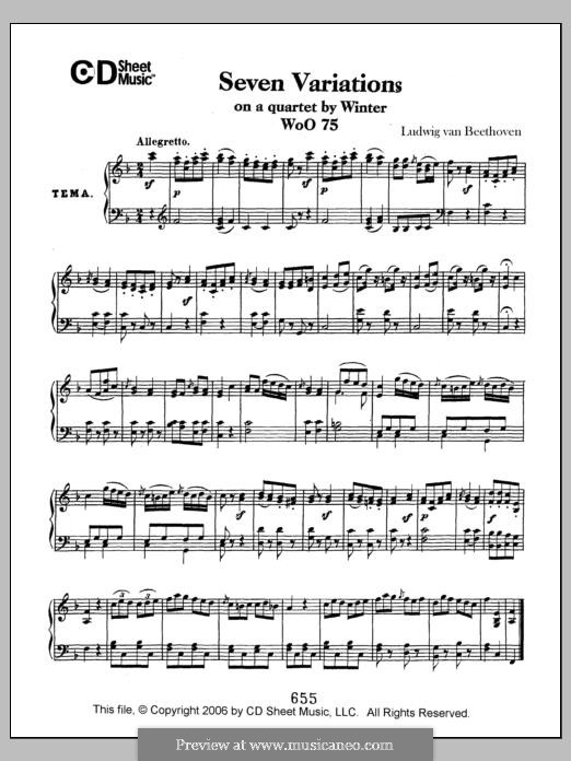 Seven Variations on Theme from 'Das unterbrochene Opferfest' by P. Winter , WoO 75: For piano by Ludwig van Beethoven