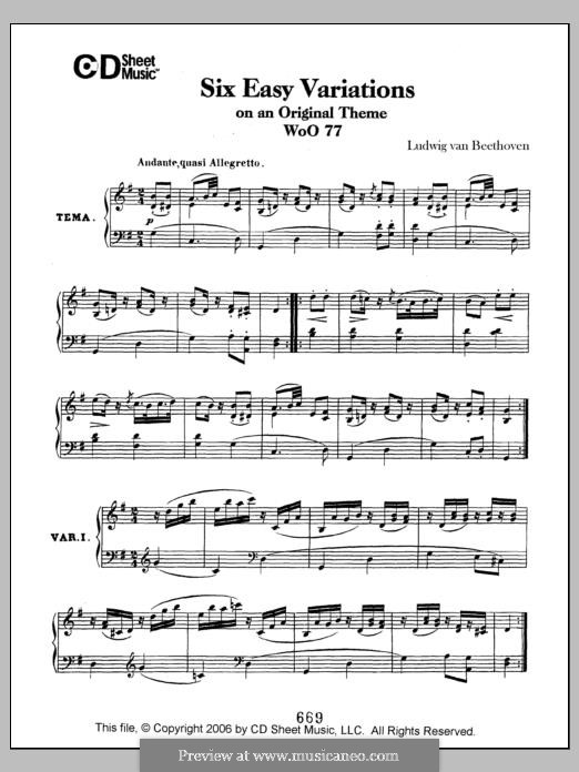 Six Variations on an Original Theme, WoO 77: For piano by Ludwig van Beethoven