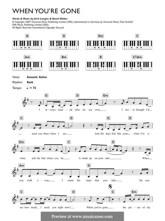 When You're Gone: For piano by Avril Lavigne, Butch Walker