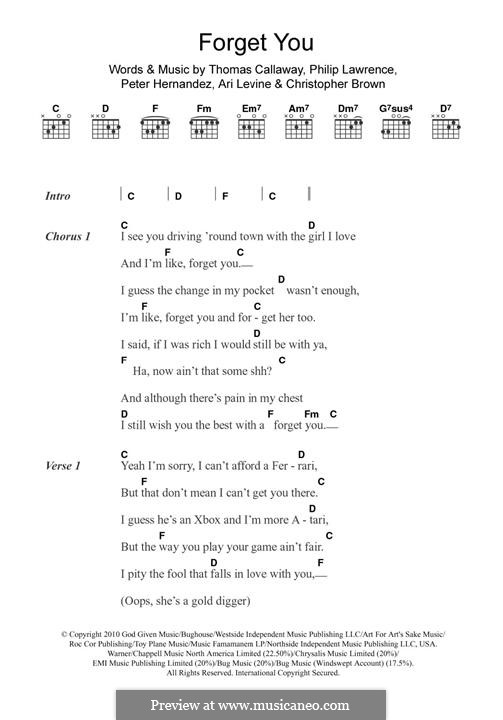 Forget You (Cee Lo Green): Lyrics and guitar chords by Ari Levine, Christopher Brown, Bruno Mars, Philip Lawrence, Thomas Callaway