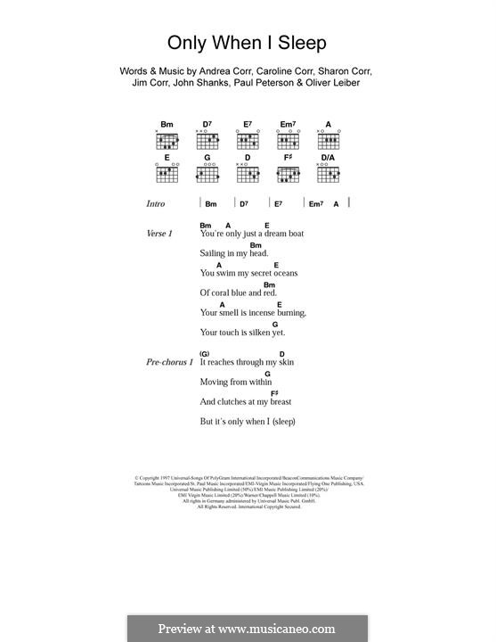 Only When I Sleep (The Corrs): For guitar by Andrea Corr, Caroline Corr, Jim Corr, John M Shanks, Oliver Leiber, Paul Peterson, Sharon Corr