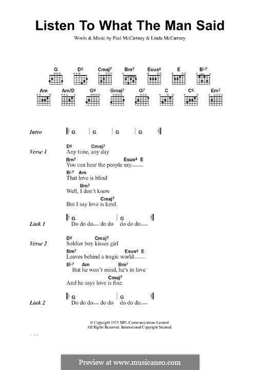 Listen to What the Man Said (Wings): For guitar by Linda McCartney, Paul McCartney