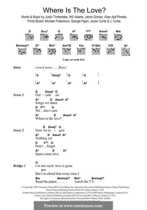 Where Is the Love (The Black Eyed Peas): For guitar by apl.de.ap, George Pajon Jr., Johnny Curtis, Jaime Gomez, Junior Curtis, Justin Timberlake, Michael Fratantuno, Printz Board, will.i.am