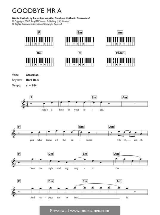 Goodbye Mr. A (The Hoosiers): For piano by Alan Sharland, Irwin Sparkes, Martin Skarendahl