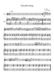 10 Easy Classical Pieces for Viola and Piano Vol.5: Toreador Song by Wolfgang Amadeus Mozart, Franz Schubert, Antonín Dvořák, Georges Bizet, Georg Friedrich Händel, Giuseppe Verdi, Pyotr Tchaikovsky, Émile Waldteufel, Adolphe Adam, Sebastián Yradier