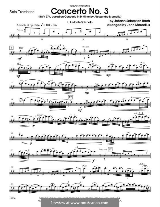 Concerto No.3 (based on Concerto in D Minor): Trombone part by Johann Sebastian Bach