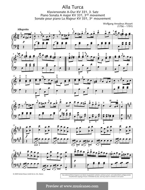 Rondo alla turca (Printable Scores): For piano by Wolfgang Amadeus Mozart