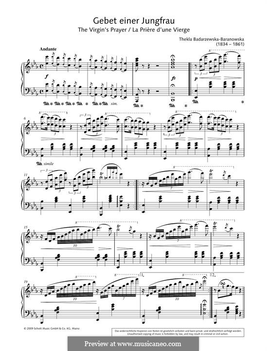 La priere d'une vierge (A Maiden's Prayer): For piano by Tekla Bądarzewska-Baranowska