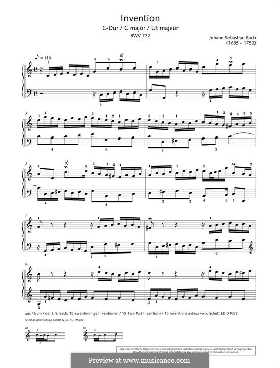 No.1 in C Major, BWV 772: For piano by Johann Sebastian Bach