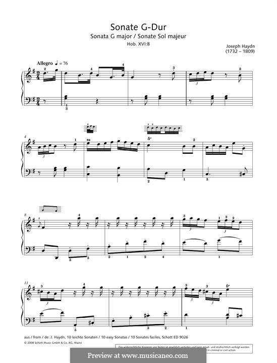 Sonata for Piano No.1 in G Major, Hob.XVI/8: For a single performer by Joseph Haydn