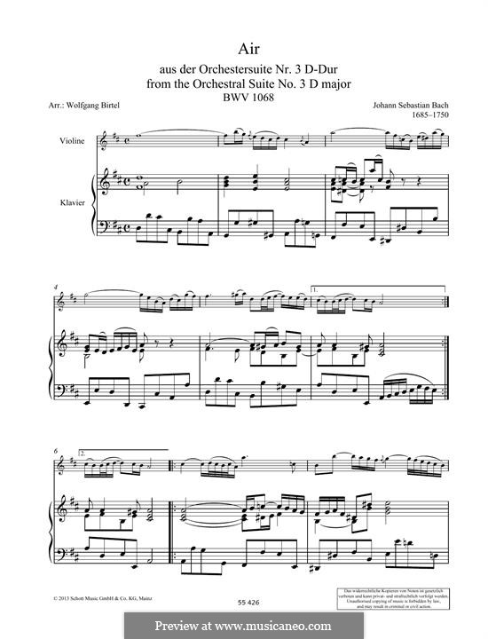 Aria (Printable Scores): Version for violin and piano by Johann Sebastian Bach