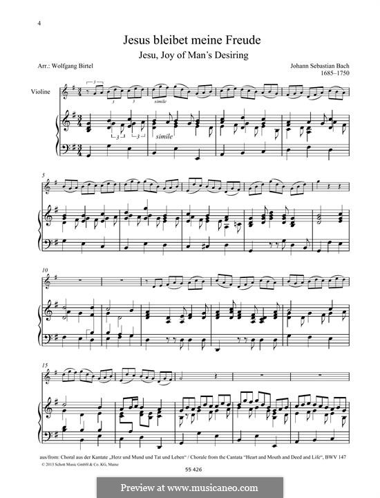 Jesu, Joy of Man's Desiring (Printable Scores): For violin and piano by Johann Sebastian Bach