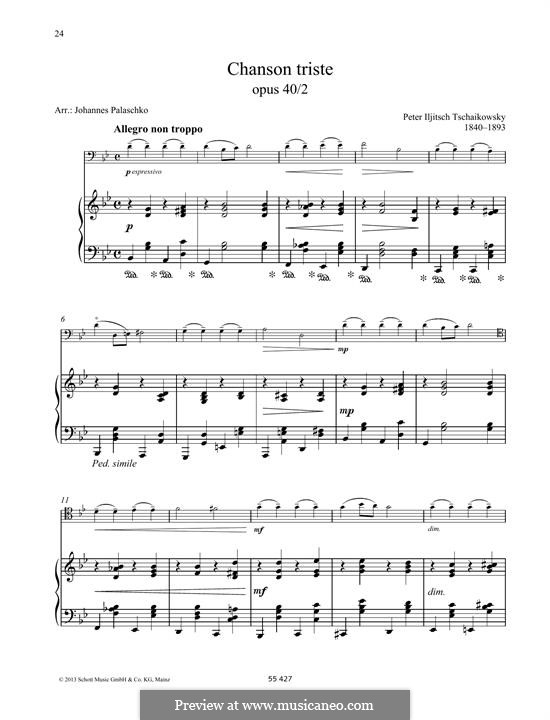 Twelve Pieces , TH 138 Op.40: No.2 Chanson triste, for cello and piano by Pyotr Tchaikovsky