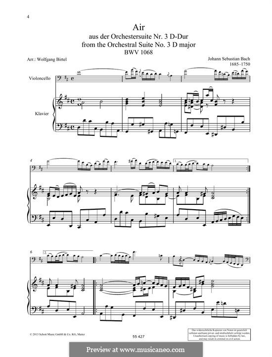 Aria (Printable Scores): Version for cello and piano by Johann Sebastian Bach