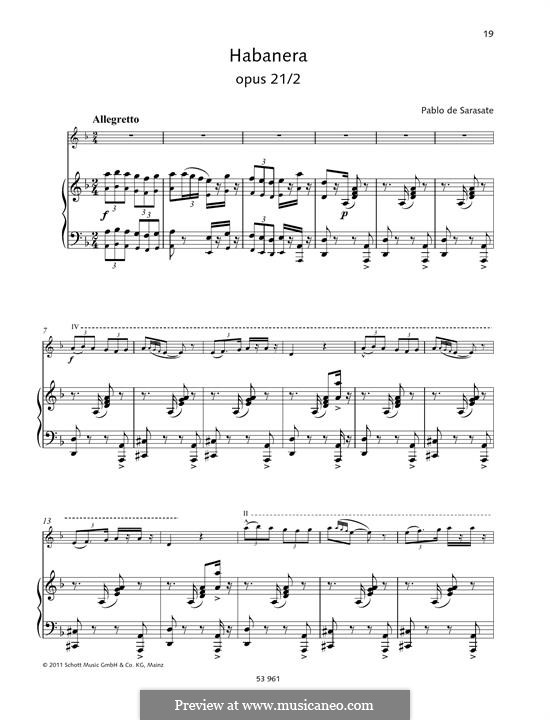 Habanera, Op.21: For violin and piano by Pablo de Sarasate