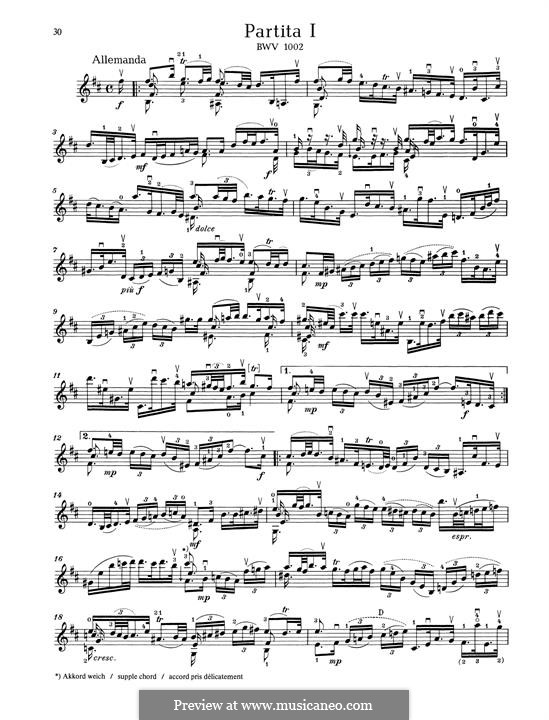 Partita for Violin No.1 in B Minor, BWV 1002: For a single performer by Johann Sebastian Bach