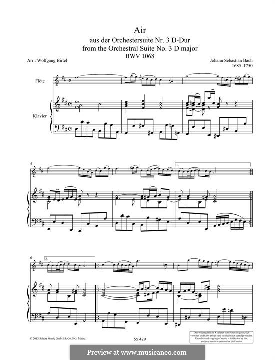 Aria (Printable Scores): Version for flute and piano by Johann Sebastian Bach