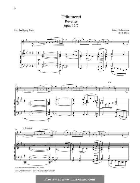 No.7 Träumerei (Dreaming): For any instrument and piano by Robert Schumann