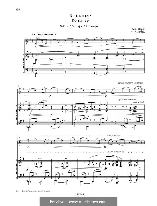 Romance for Violin (or Cello) and Piano: Score by Max Reger