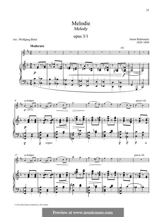 Two Melodies, Op.3: Melody No.1, for any instrument and piano by Anton Rubinstein