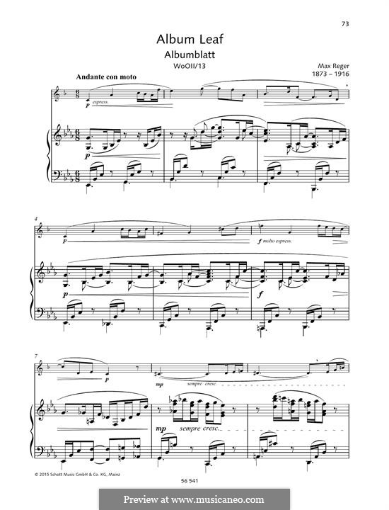 Album Leaf for Clarinet or Violin and Piano: Score by Max Reger