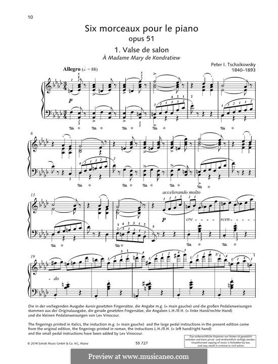 Six Pieces for Piano, TH 143 Op.51: No.1 Valse de salon by Pyotr Tchaikovsky