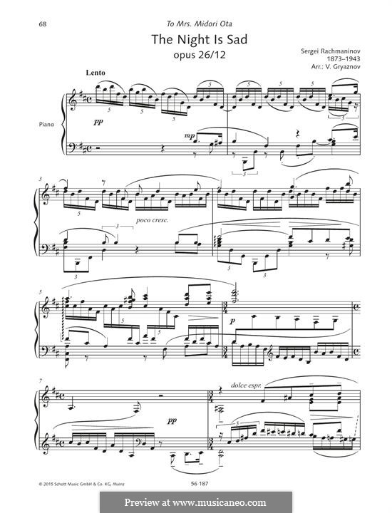 Fifteen Romances, Op.26: No.12 The Night is Sad by Sergei Rachmaninoff