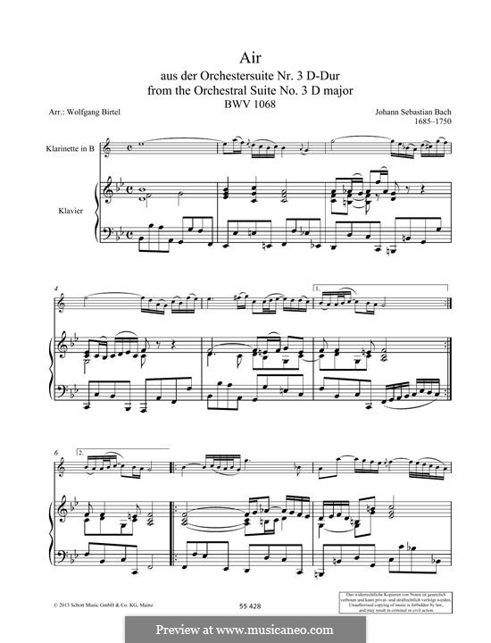 Aria (Printable Scores): Version for clarinet and piano by Johann Sebastian Bach