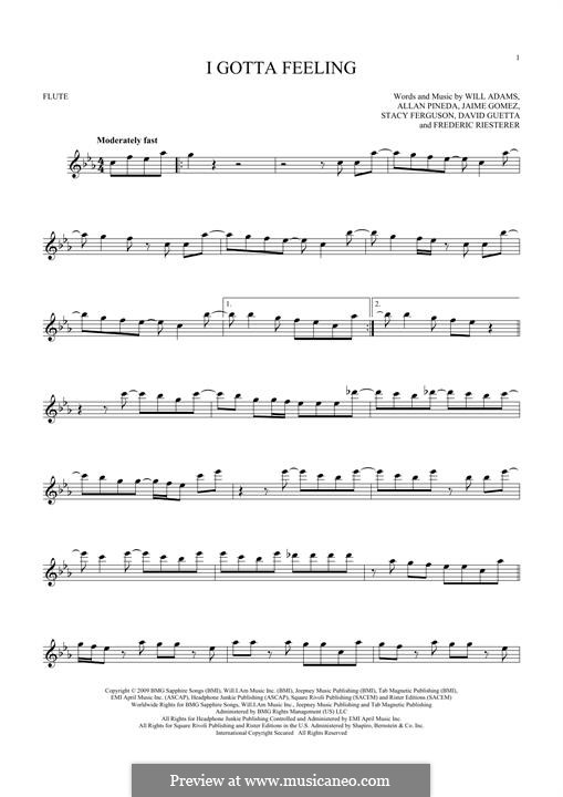 I Gotta Feeling (The Black Eyed Peas): For flute by apl.de.ap, David Guetta, Frédéric Riesterer, Jaime Gomez, Stacy Ferguson, will.i.am