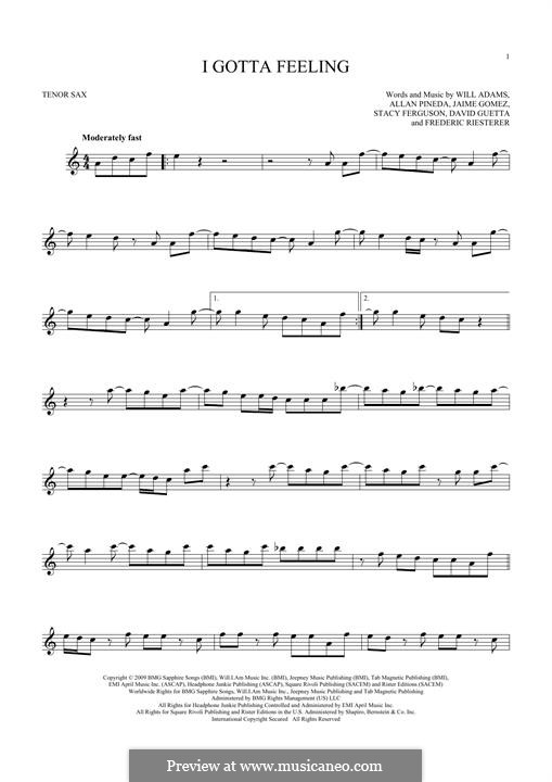 I Gotta Feeling (The Black Eyed Peas): For tenor saxophone by apl.de.ap, David Guetta, Frédéric Riesterer, Jaime Gomez, Stacy Ferguson, will.i.am