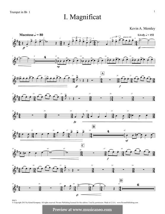 Magnificat (Full Orchestra): Trumpet 1 in Bb part by Kevin A. Memley