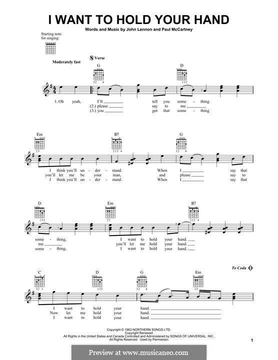 I Want to Hold Your Hand (The Beatles): For guitar by John Lennon, Paul McCartney