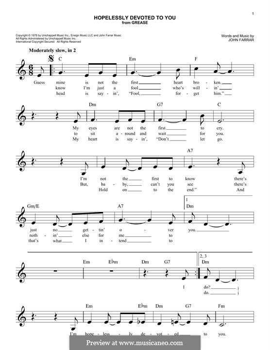 Hopelessly Devoted to You (from Grease): For keyboard by John Farrar