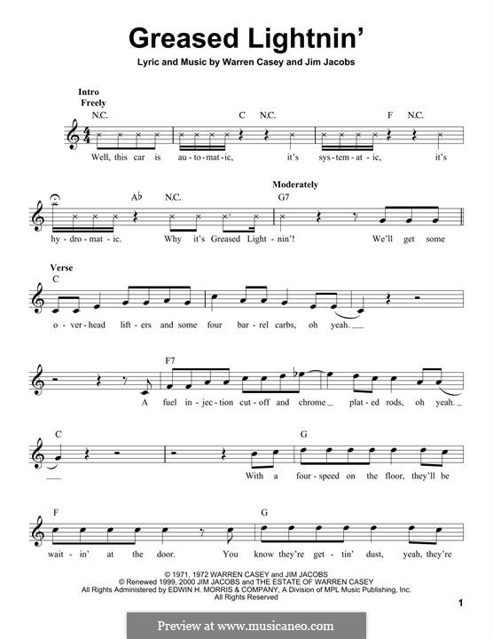 Greased Lightnin': Melody line by Jim Jacobs, Warren Casey