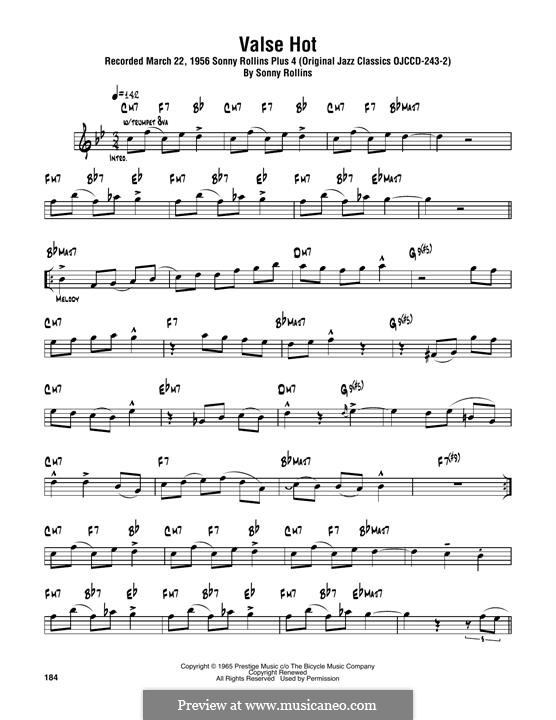 Valse Hot: For tenor saxophone by Sonny Rollins