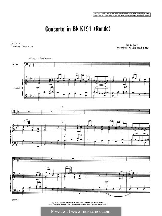 Concerto for Bassoon and Orchestra in B Flat Major, K.191: Rondo, for baritone and piano – Piano Accompaniment by Wolfgang Amadeus Mozart