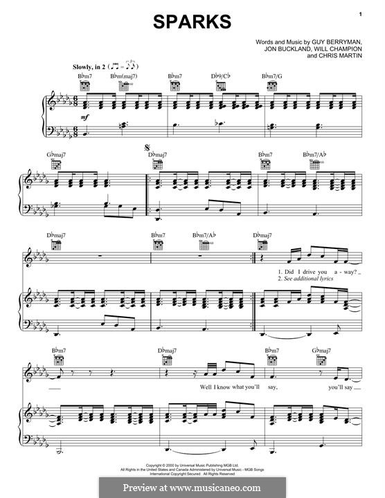 Sparks (Coldplay): For voice and piano (or guitar) by Chris Martin, Guy Berryman, Jonny Buckland, Will Champion
