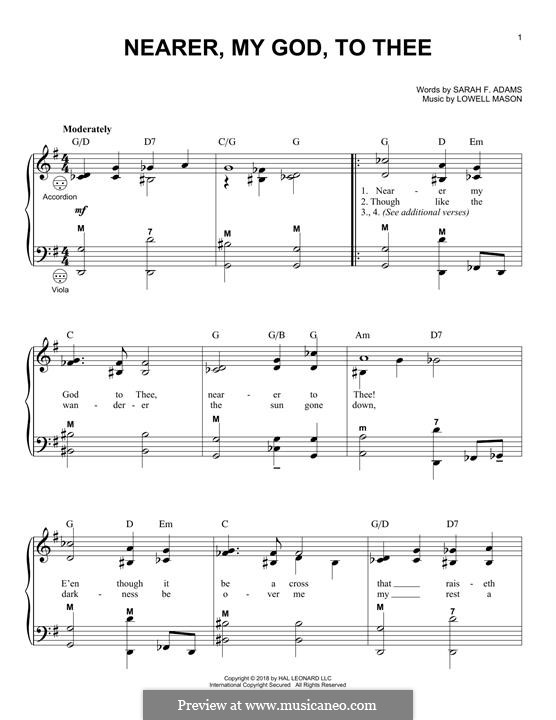 Nearer, My God, To Thee (Printable scores): For accordion by Lowell Mason