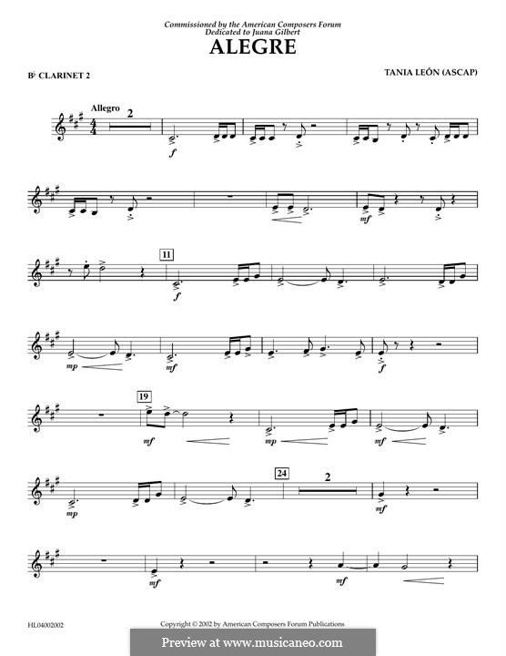 Alegre: Bb Clarinet 2 part by Tania Leon
