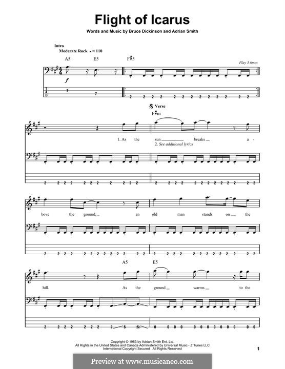 Flight of Icarus (Iron Maiden): For bass guitar by Adrian Smith, Bruce Dickinson