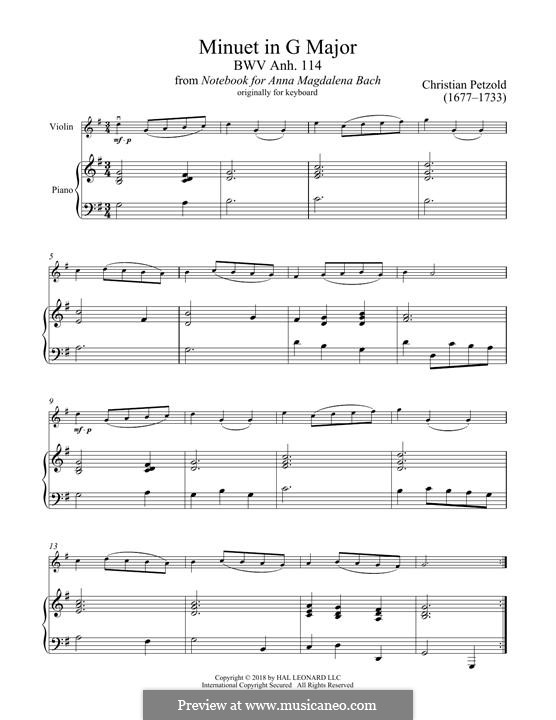 Minuet in G Major from The notebook of Anna Magdalena Bach, BWV Anh. 114: For violin and piano by Christian Petzold