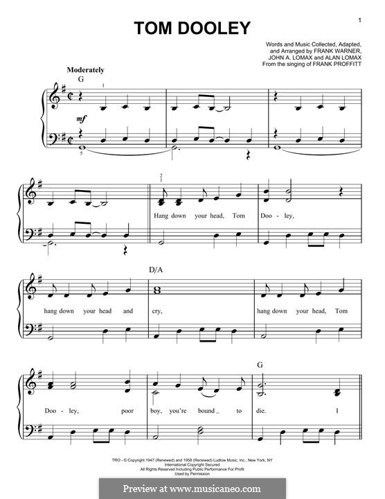 Tom Dooley (Kingston Trio): For easy piano by Alan Lomax, John A. Lomax, Frank Warner