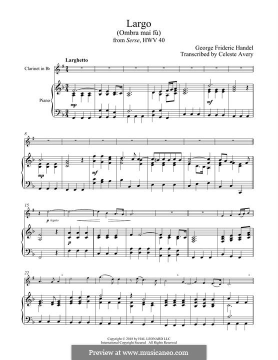 Largo (Ombra mai fu) printable score: For clarinet and piano by Georg Friedrich Händel