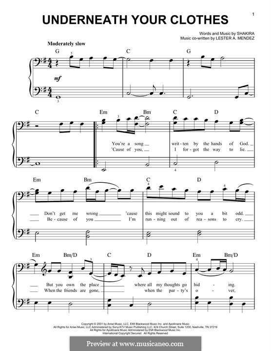 Underneath Your Clothes: For piano by Shakira, Lester A. Mendez