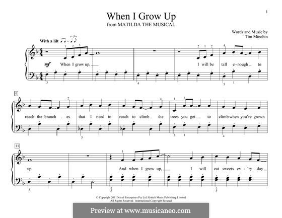 When I Grow Up (from Matilda the Musical): For piano by Tim Minchin