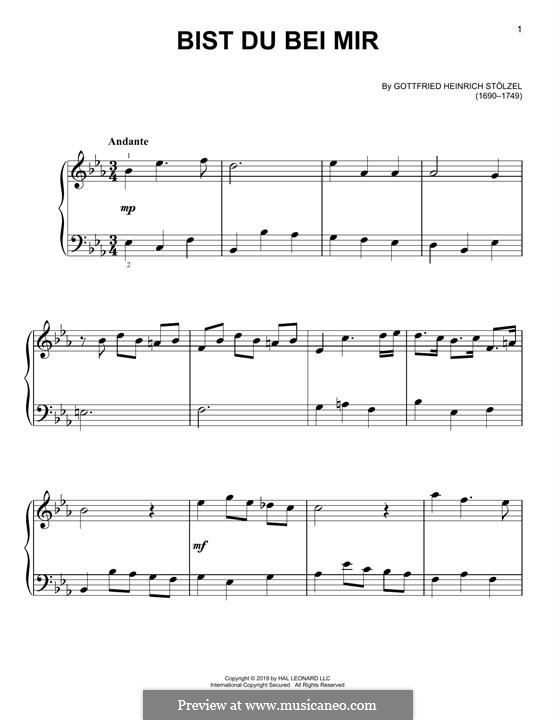 Bist du bei mir: For piano by Gottfried Heinrich Stölzel
