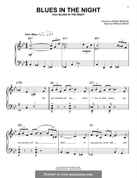 Blues in the Night (My Mama Done Tol' Me): For piano by Harold Arlen