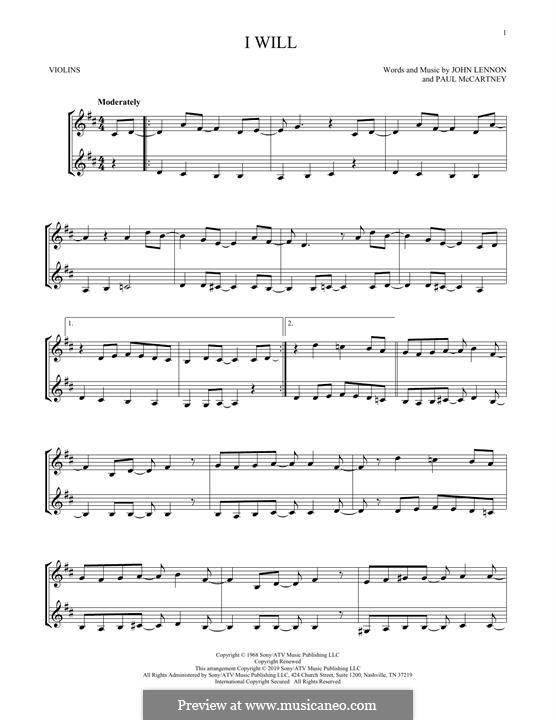 I Will (The Beatles): For two violins by John Lennon, Paul McCartney